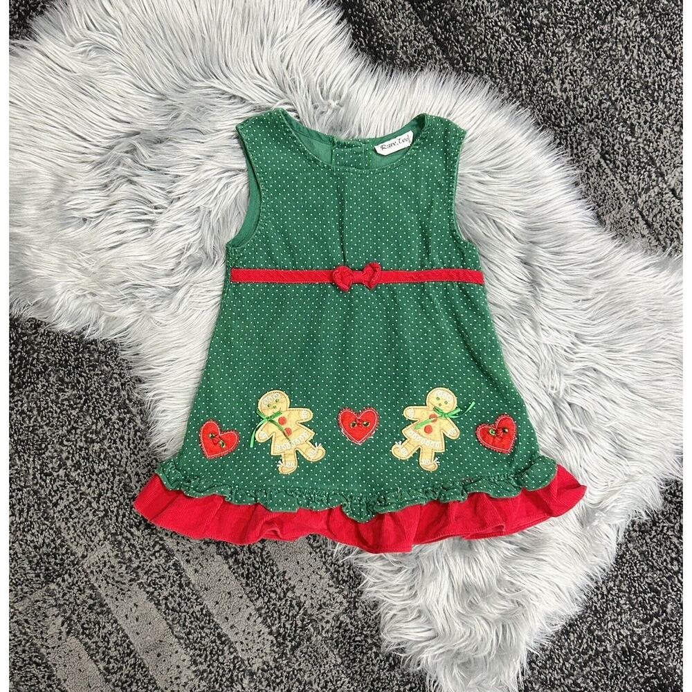 CHRISTMAS Girls Corduroy Jumper Dress Gingerbread Family Green‎ Size 4